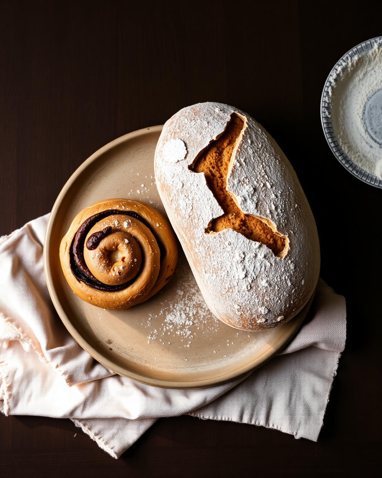 Surdegsbröd och kanelbulle på ett keramikfat med mjöldamm och linneduk.